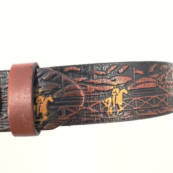Nocona Western Rodeo Tooled Leather Belt Boys Size 24 Big Buckle Bull Rider - Picture 6 of 13
